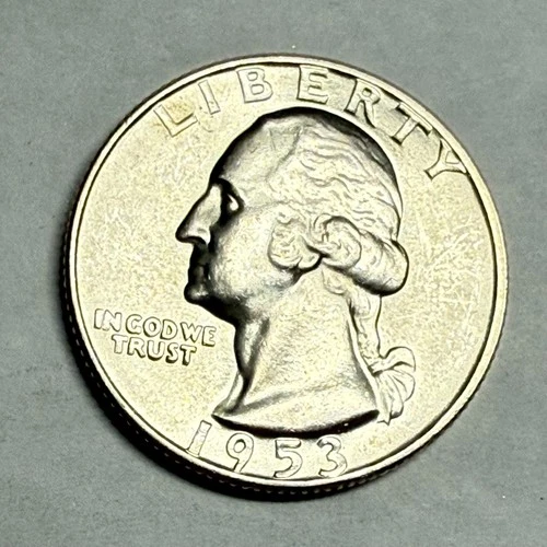1953D WASHINGTON 90% silver quarter dollar. Satiny white very choice-gem BU. #q5