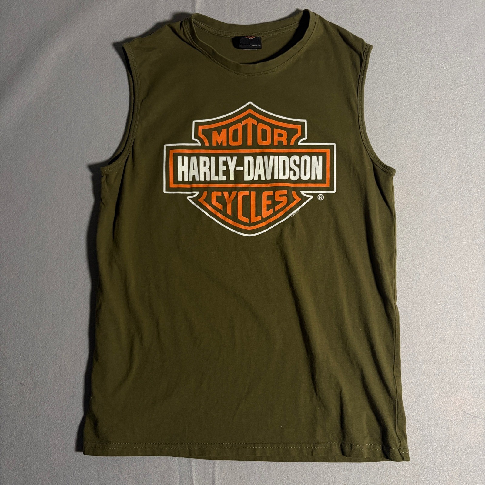 Harley Davidson Muscle Tank Top Mens Large Olive Green Skull Oklahoma City OKC