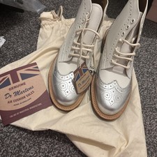 Dr. Martens White Silver Leather Dorsey Brogue Boots, Size 6 with dust bag 