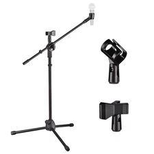 360° Rotating Microphone Stand Dual Mic Clip Boom Arm Foldable Tripod Holder