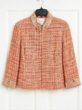 Chico's Timeless Multi-Tone Tweed Faux Pearls Orange Pink Woven Blazer Jacket