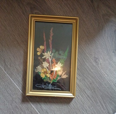 Cadre Tableau Vintage Fleurs Séchées 30x16 Cm – Signé, Déco Murale Unique