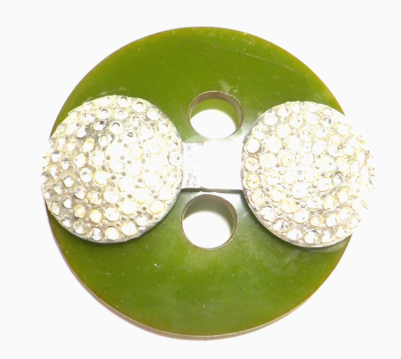 Extra Large Green Bakelie Button w/Paste Encrusted Metal Discs -Sew thru