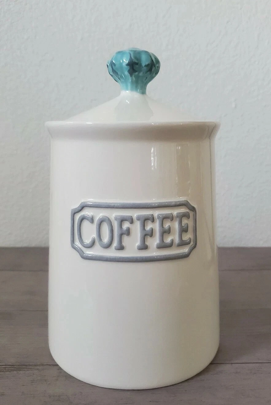 THL Ceramic Coffee Canister Jar with Lid & Teal Knob