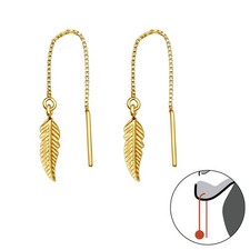 925 Sterling Silver Feather Threader Earrings Gold Plated Leaf Pull Through (V20