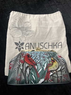 Anuschka Cardinal Hand Painted Kiss Lock Crossbody Clutch Purse Leather New