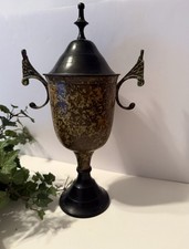 Decorative Metal Urn Vase w/ Lid Amphora Style Ornate Handles Black Gold Finish