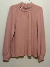 VTG Koret L Lambswool Angora Sweater Pink Mock Neck Button Shoulder Hong Kong