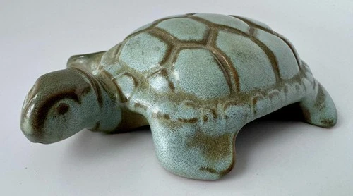 Vintage Frankoma Pottery Turtle Paperweight Figure Light Blue/Green/Gray READ