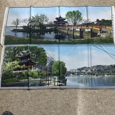 28'' CHINESE BRIDGE PAGODA WATER LANDSCAPE SCENE TEXTILE TAPESTRY SET OF 2
