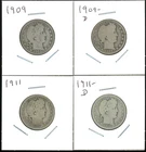 Lot of (4) Four Coins - 90% Silver Barber Quarters - 1909-P & D, 1911-P & D
