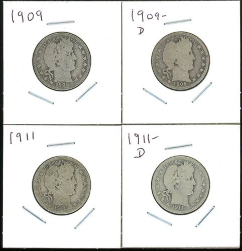 Lot of (4) Four Coins - 90% Silver Barber Quarters - 1909-P & D, 1911-P & D