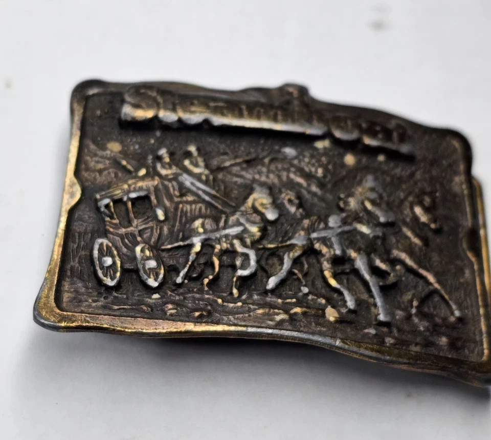 Hebilla de cinturón de latón vintage 1978 HPI Denver Colorado “Steamboat” - diligencia oeste Foto 4 de 4