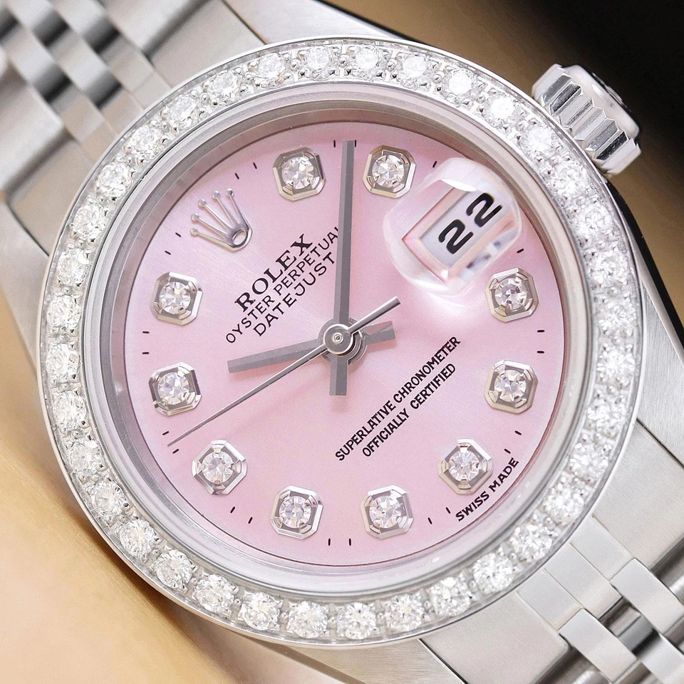 ROLEX LADIES DATEJUST 79174 PINK DIAL 18K WHITE GOLD STEEL DIAMOND WATCH