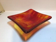Vintage Art Glass Bullicante Bubbles Fiery Amberina Dish Bon Bon Dessert Trinket