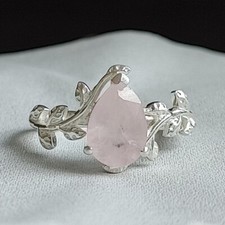 Rose Quartz Engagement Ring, 925 Sterling Silver, Silver Leaf Ring, Wedding Ring