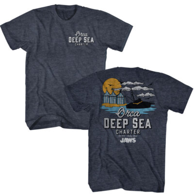 Jaws 70's Thriller Movie Orca Deep Sea Charter Est 75 Amity Island Men's T Shirt