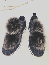 Jimmy Choo NWOT navy silver Lurex knit Norway fox pompons sz 7-7.5