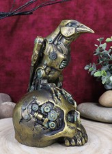 Steampunk Cyborg Scavenger Crow Raven On Rusted Robotic Skull Statue Decor