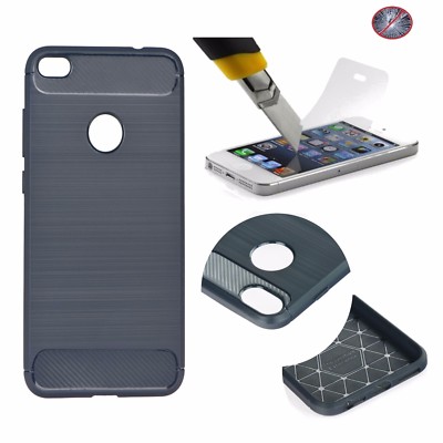 ^ Back Case Hülle Cover Etui Schutz FORCELL CARBON Huawei 7C  +  HART  GLAS Grau