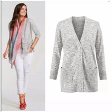 Wmn's Cabi  5286 Marble Cardigan Heather Gray Snap-Front Cotton Blend Sweater S