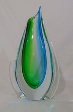 Italy Murano Sommerso Art Glass Giuliani Mian Teardrop Vase 14" Blue Green