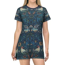 T-Shirt Dress Top William Morris Birds Floral Pattern Artwork Fine Art Nouveau