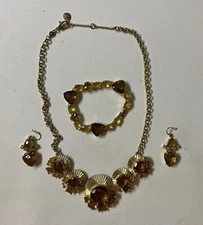 Monet Art Deco Style Gold Tone Amber Topaz Set - Necklace Bracelet & Earrings