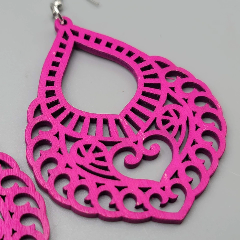 Pendientes Boho Madera Rosa Brillante Grandes Distintivos Tono Plata Cuelgan 3" Foto 4 de 4