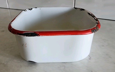 Vintage Enamelware Refrigerator Storage Dish Pan White Red Square 6''×6''x2.5''