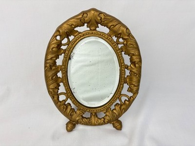 VTG Gold Finish Cast Iron Oval Tabletop Easel Mirror 7'' x 9'' Art Nouveau Frame