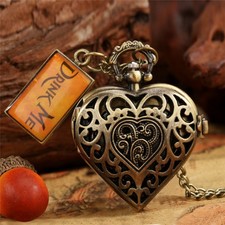 Retro Heart-shape Men Women Analog Quartz Pocket Watch Arabic Number Long Chain