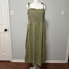 Gap Olive Green Smocked Midi Dress Tie Straps Large XL Sundress Comfy Casual F
