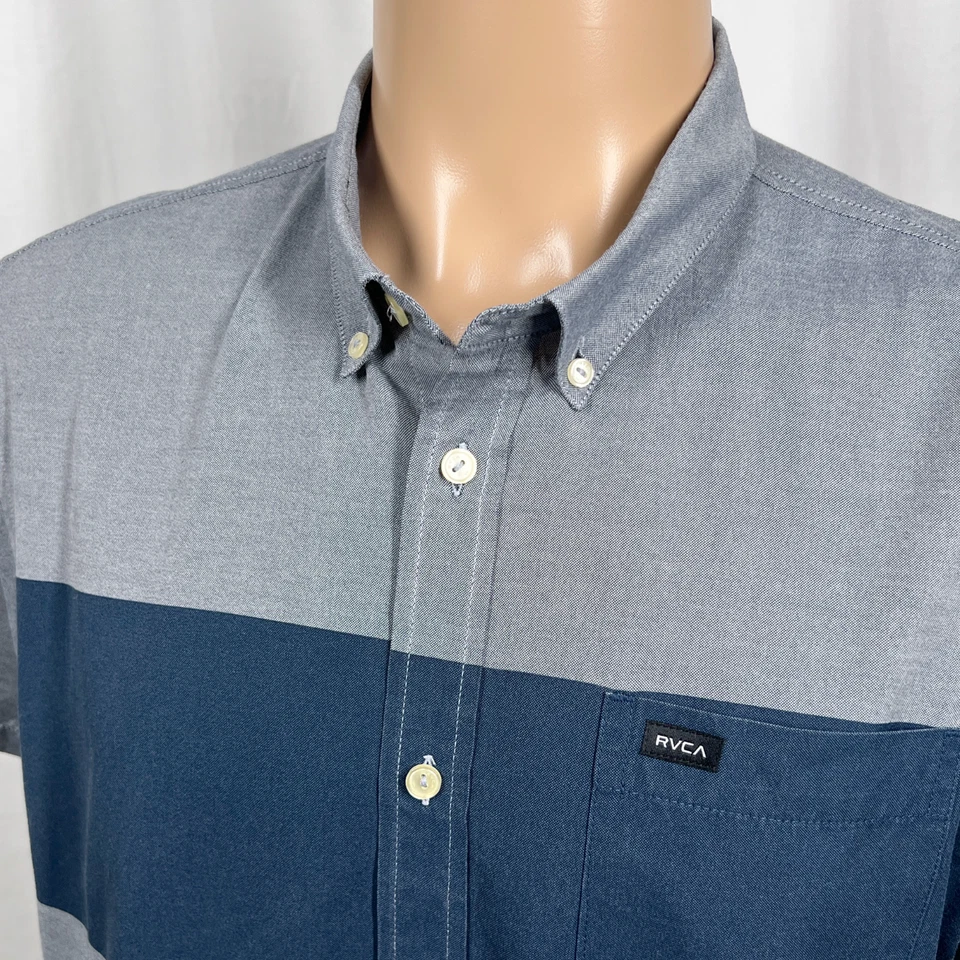 RVCA Men's XL Gray Navy Blue Colorblock Slim Fit Short Sleeve Button-Up Shirt - Image 2 of 4