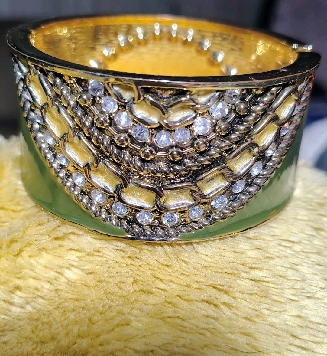 Green Enamel Rhinestone Statement Cuff Bracelet G… - image 17