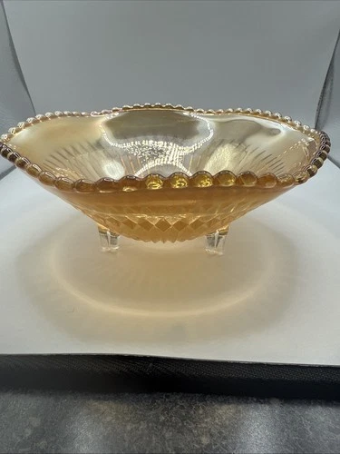 Vintage Jeanette Gold Marigold Amber Carnival Glass 3 Footed Bowl Candy Dish 6”