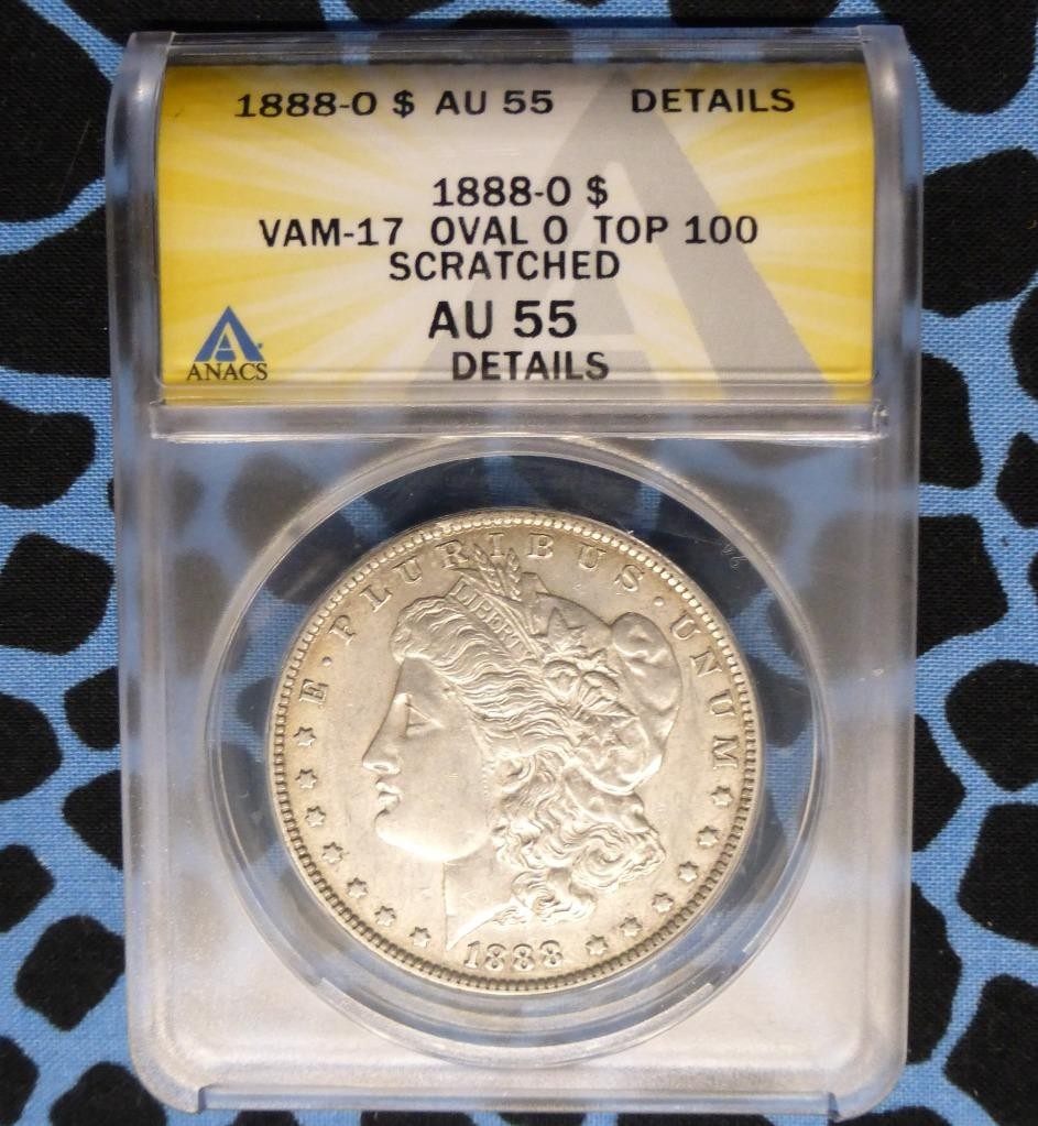1888 O ANACS AU 55 Details VAM-17 Oval O Morgan Silver Dollar, Tough Variety
