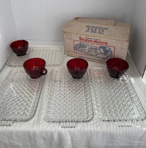 Vintage Anchor Hocking Serva Snack Luncheon Set of 4 Ruby Teacups & Glass Trays