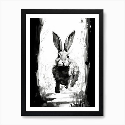 Hase Drucke Tuschezeichnung schwarz und gerahmt Wandbild Poster Leinwanddruck Bild