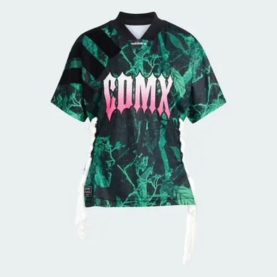 KE2293 Adidas Originals Women Green Leaf Print Side Lace Up Short Sleeve Polo To