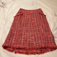 CHANEL 04P Red Tweed Fringe A-Line Knee Length Skirt