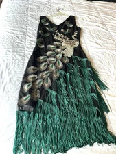 Peacock Flapper Dress Great Gatsby Party Sleeveless M Green Black BABEYOND