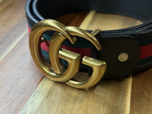 Gucci Belt Double G Buckle Green Red Black Leather Trim Gold Tone 115/46
