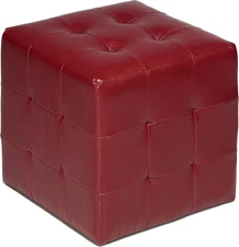 Braque Tufted Cube Ottoman in Leather like Vinyl, Red