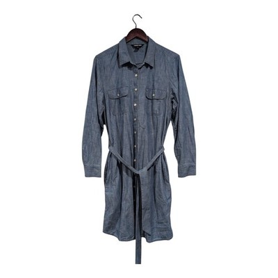 Lands End Chambray Button Down Shirt Dress Belted Lightweight Blue Denim Sz L