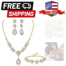 Rhinestone Bridal Jewelry Set Necklace Bracelet Clip On Earrings for Brides B...
