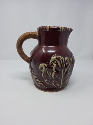 Vintage Ceramic Brown Pitcher With Wicker Handle