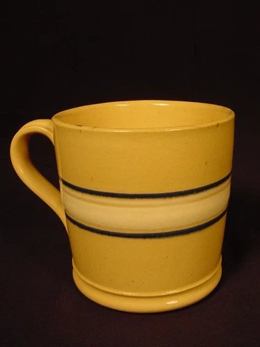 RARE ANTIQUE AMERICAN BLUE & WHITE BAND 1800s MUG YELLOW WARE