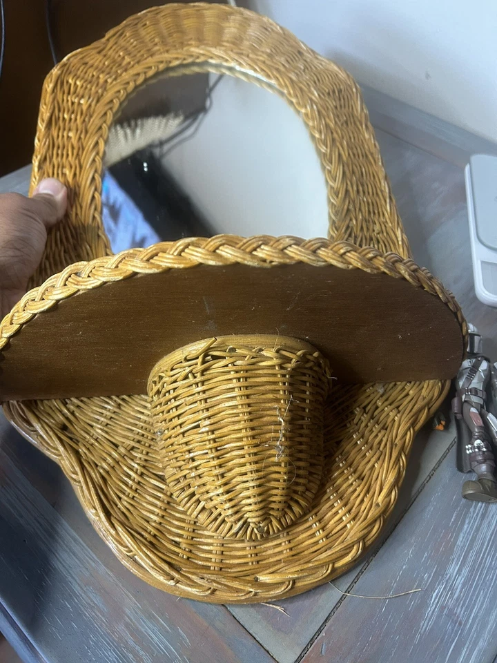 Vintage Natural Wicker Wall Mirror with Shelf Coastal Decor Made In Hong Kong - Image 2 of 4