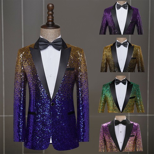 Mens Suit Jacket Gradient Color Sequins DJ One Button Nightclub Stage Party Slim